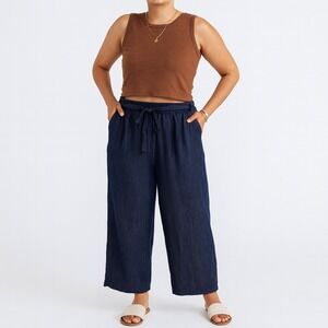 Naif Navy Blue Wide Leg Crop Pants Womens M Elastic Waist‎ Tie Front Lightweight